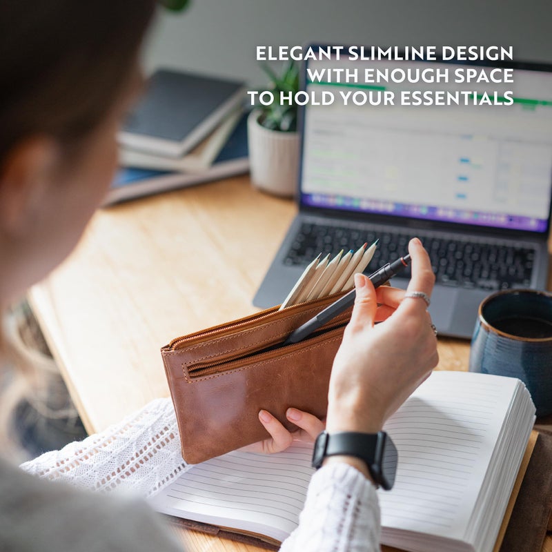 moonster Leather Pencil Case Pouch, Handcrafted 8" x 4" Leather Pen Case with Zipper - Pencil Cases for Adults with Side Pocket - Pencil Pouch Zippered Pen Bag - Light Brown - Image 3